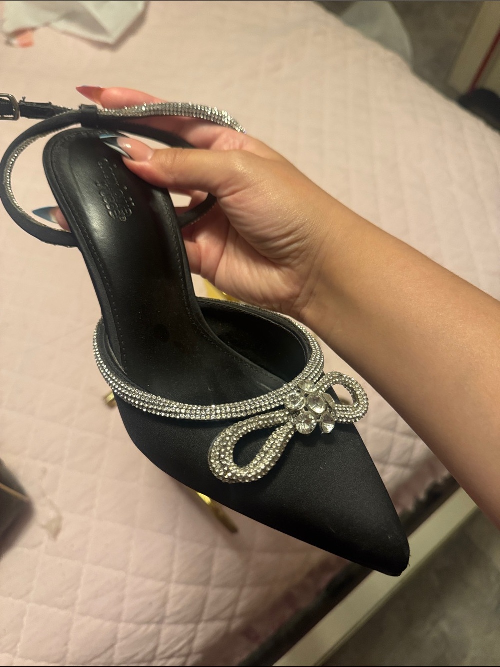Elegant Black Satin Pointed Toe Slingback Heels with Crystal Bow only worn once